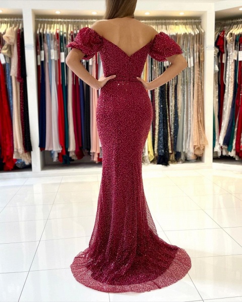 Elegant Long Mermaid Off-the-shoulder Sequined Prom Dress with Slit_2