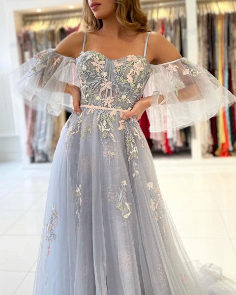 Elegant Off Shoulder Spaghetti Straps Tulle Floral Lace Formal Prom Dress_5