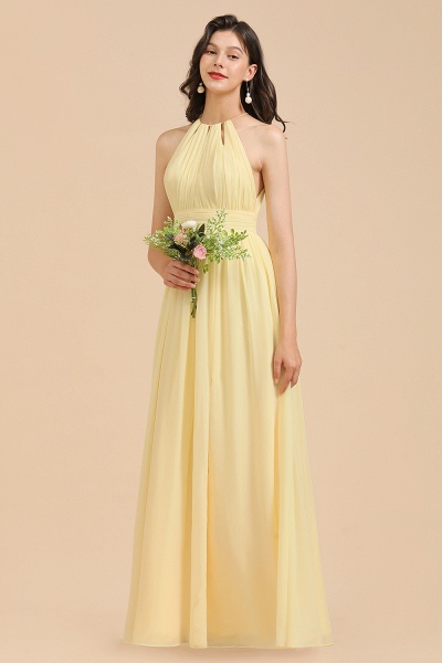 Long A-line Halter Pleated Chiffon Daffodil Bridesmaid Dress with Slit_3