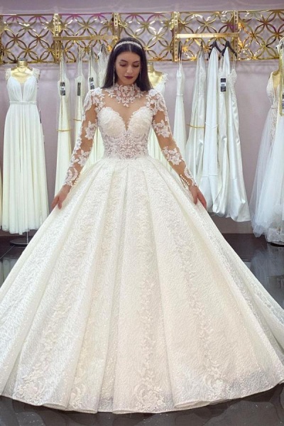 Gorgeous Princess High-neck Lace Appliques Long Sleeves Wedding Dress_1