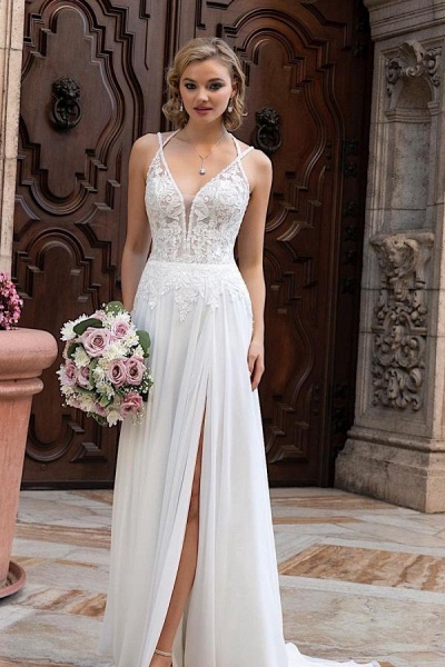 Simple Long A-line V-neck Chiffon Lace Wedding dress with slit_1