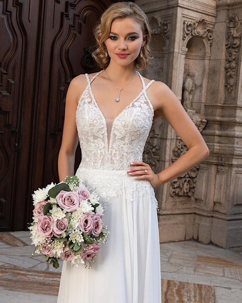 Simple Long A-line V-neck Chiffon Lace Wedding dress with slit_3