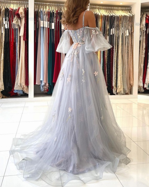 Elegant Off Shoulder Spaghetti Straps Tulle Floral Lace Formal Prom Dress_6