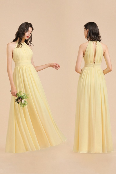Long A-line Halter Pleated Chiffon Daffodil Bridesmaid Dress with Slit_8