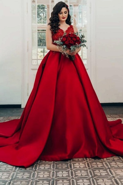Luxury Long Princess Satin V-neck Wedding Dresses with Lace_1