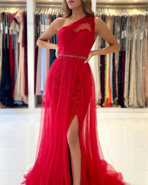 Charming Long A-line One Shoulder Tulle Slit Prom Dress with Detacable Train_4