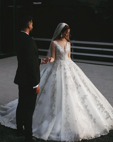 Gorgeous Long Princess V-neck Tulle Lace Appliques Wedding Dress_2