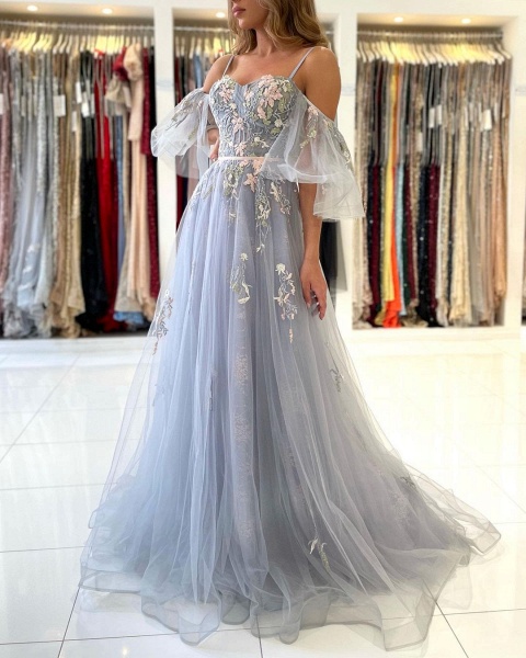 Elegant Off Shoulder Spaghetti Straps Tulle Floral Lace Formal Prom Dress_3