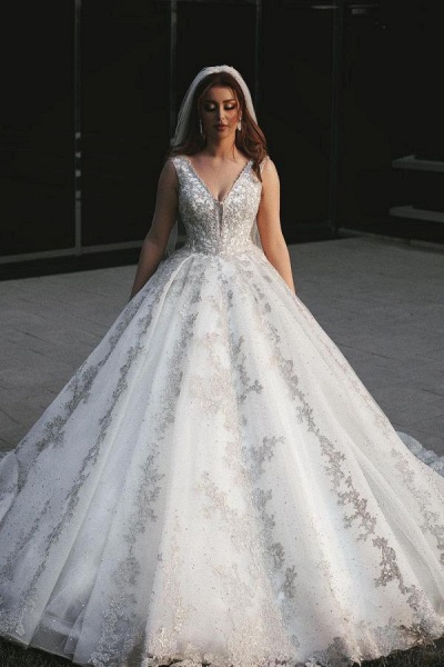 Gorgeous Long Princess V-neck Tulle Lace Appliques Wedding Dress_1