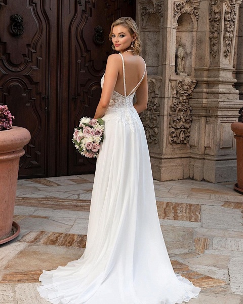 Simple Long A-line V-neck Chiffon Lace Wedding dress with slit_2