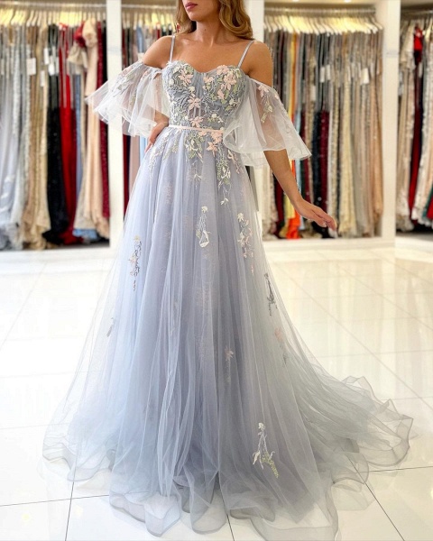 Elegant Off Shoulder Spaghetti Straps Tulle Floral Lace Formal Prom Dress_4