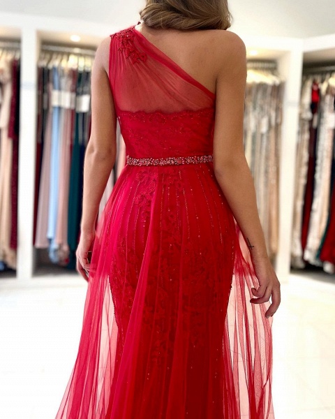 Charming Long A-line One Shoulder Tulle Slit Prom Dress with Detacable Train_3