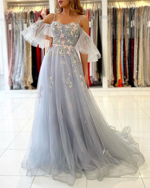 Elegant Off Shoulder Spaghetti Straps Tulle Floral Lace Formal Prom Dress_2