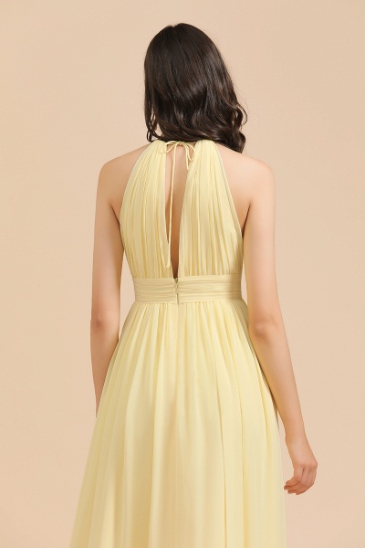 Long A-line Halter Pleated Chiffon Daffodil Bridesmaid Dress with Slit_4