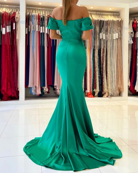 Stunning Long Mermaid Off-the-Shoulder Satin Prom Dresses with Sleeves_5