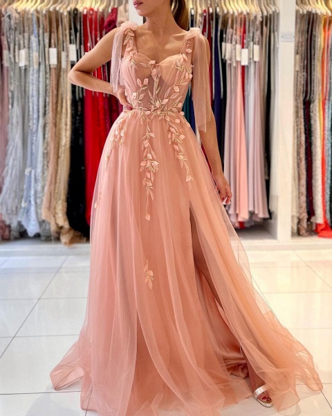 Long A-line Spaghetti Straps Tulle Prom Dress with Slit_2