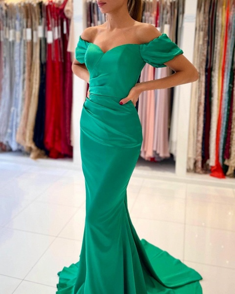 Stunning Long Mermaid Off-the-Shoulder Satin Prom Dresses with Sleeves_2