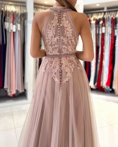 Stunning Long A-line Halter Tulle Formal Evening Dress with Lace Appliques_5