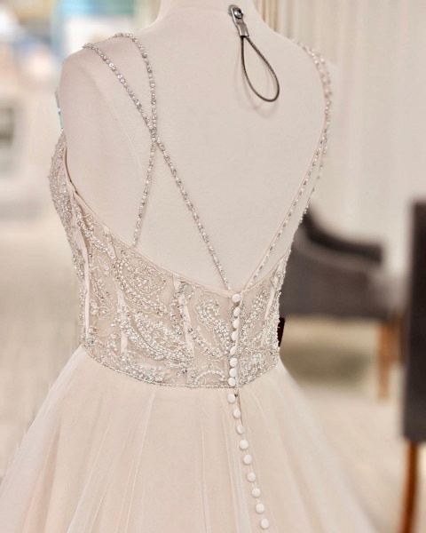 Beautiful Long A-line V-neck Glitter Backless Wedding Dress_3