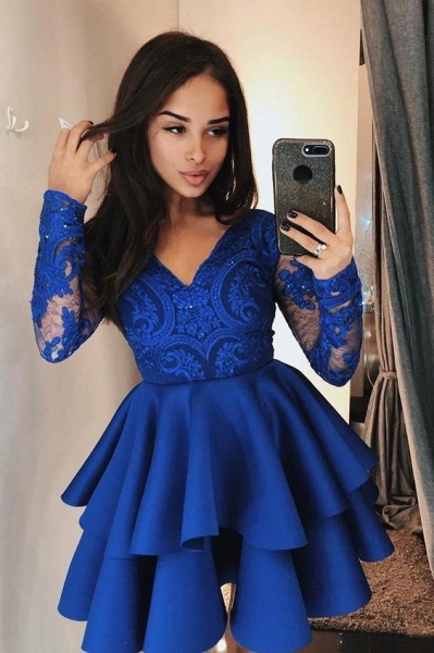 Vintage V-neck Long Sleeve Appliques Lace Satin Short Prom Dress With Ruffles_2