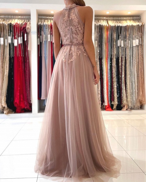 Stunning Long A-line Halter Tulle Formal Evening Dress with Lace Appliques_2