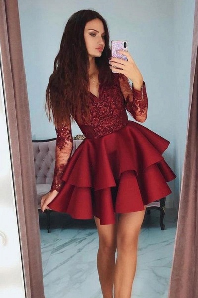 Vintage V-neck Long Sleeve Appliques Lace Satin Short Prom Dress With Ruffles_1