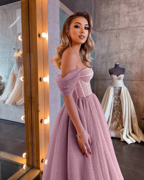 Chic Short A-line Off-the-shoulder Sparkly Tulle Prom Dress_6