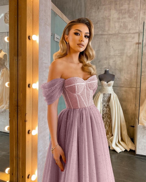 Chic Short A-line Off-the-shoulder Sparkly Tulle Prom Dress_7