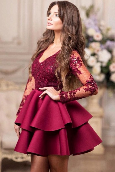 Vintage V-neck Long Sleeve Appliques Lace Satin Short Prom Dress With Ruffles_3