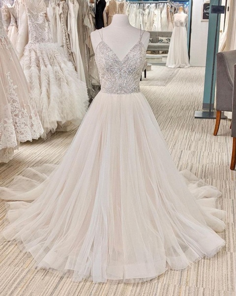 Beautiful Long A-line V-neck Glitter Backless Wedding Dress_2