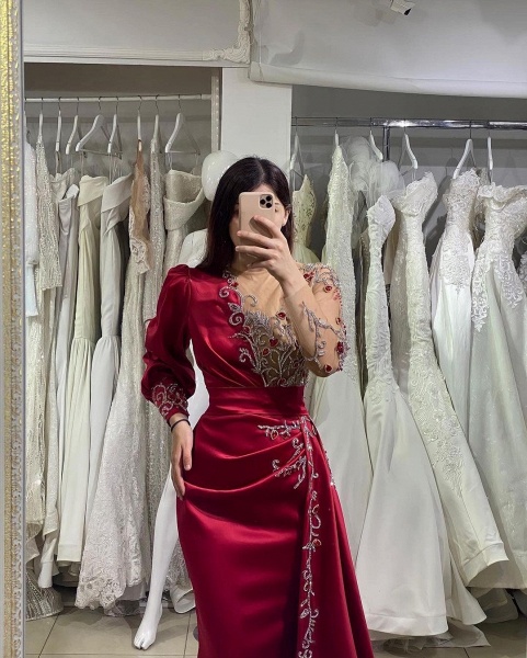 Elegant Long Mermaid Satin Floor Length Prom Dress with Sleeves_2