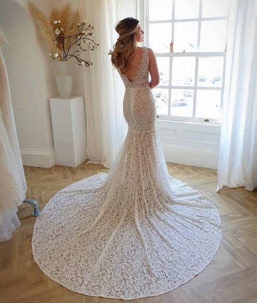 Modest Long Mermadi V-neck Open Back Lace Wedding Dress | Cocosbride