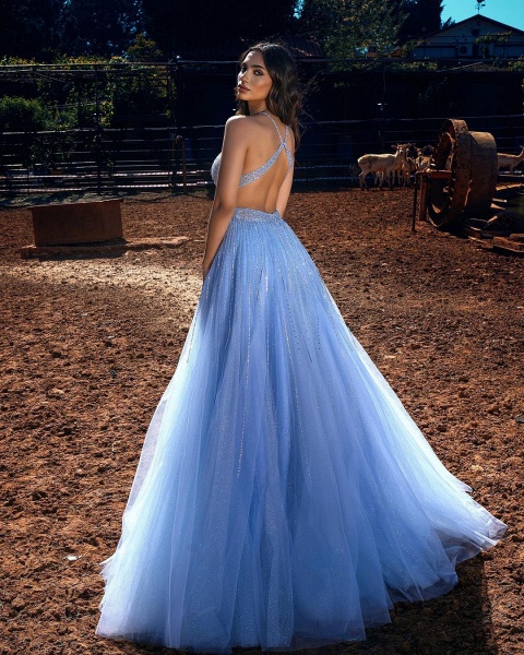 Elegant A-Line Halter Beading Sequins Backless Floor-length Tulle Prom Dress_3