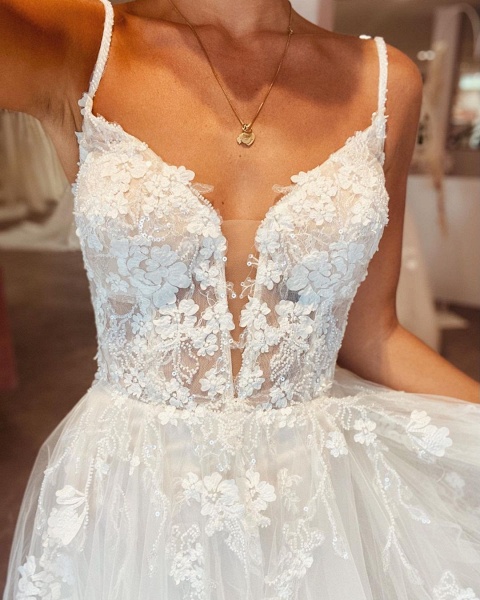 Long A-line Deep V-neck Tulle Spaghetti Straps Lace Backless Wedding Dress_5