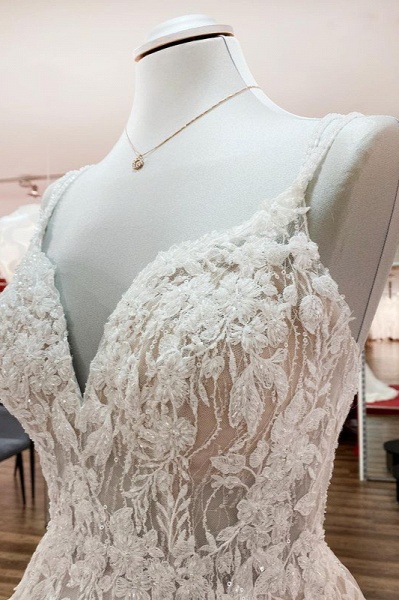 Elegantes langes A-Linie V-Ausschnitt ärmelloses Rüschen rückenfreies Hochzeitskleid_4