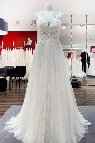 Long A-line Tulle V Neck Open Back Wedding Dress with Appliques Lace_1