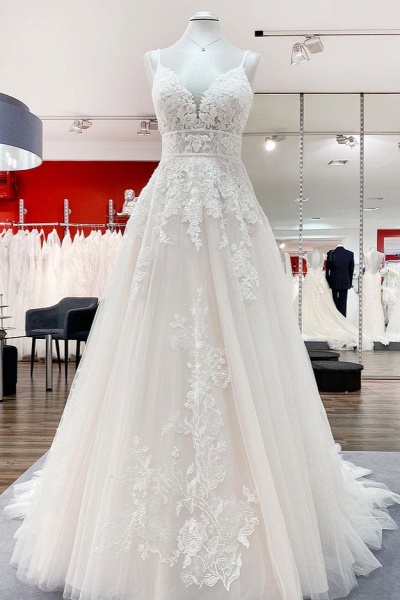 Long A-line V-neck Tulle Sleeveless Ruffles Appliques Lace Backless Wedding Dress_1