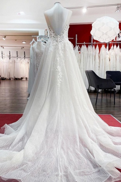 Long A-line Tulle Sleevless Ruffles Jewel Wedding Dress With Lace Appliques_2