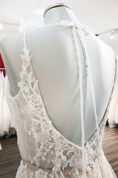 Graceful Long A-line Tulle V-neck Lace Backless Wedding Dresses_5