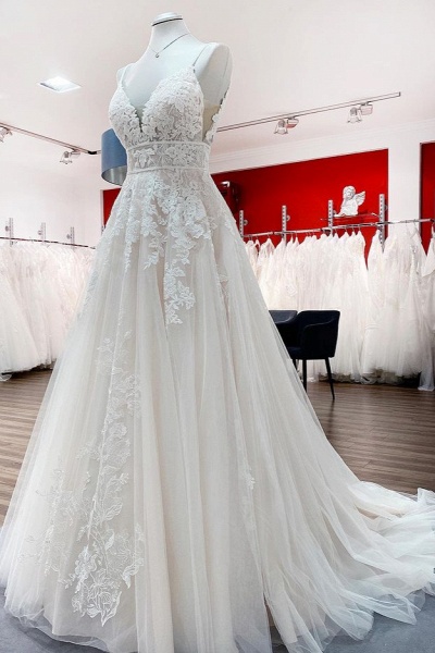 Long A-line V-neck Tulle Sleeveless Ruffles Appliques Lace Backless Wedding Dress_3