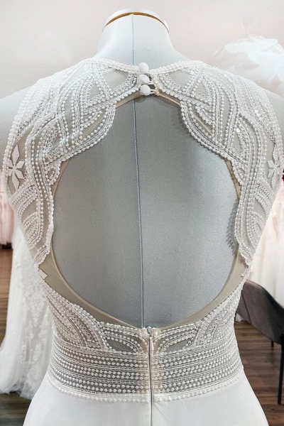 Bescheidenes langes A-Linien-Chffon-Juwel-Rüschenapplikationen-Hochzeitskleid mit offenem Rücken_6