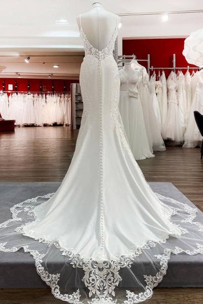 Elegantes langes Meerjungfrau-Spaghettiträger-Spitzen-Satin-Hochzeitskleid mit offenem Rücken_2