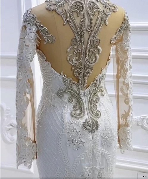 Vintage Bateau Long Sleeve Appliques Lace Beading Pearl Sequins Mermaid Wedding Dress_4