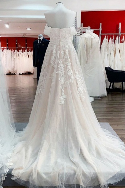 Gorgeous Long A-line Off-the-shoulder Tulle Lace Appliques Wedding Dress_2