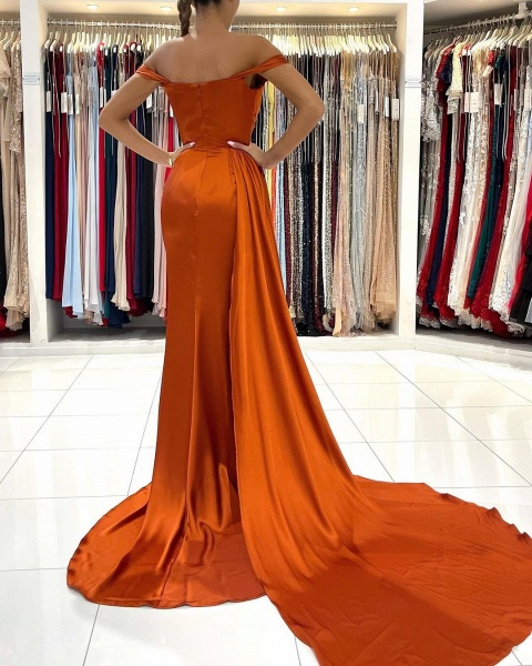 Stunning Long Mermaid Off-the-shoulder Stretch Satin Prom Dress with Slit_2