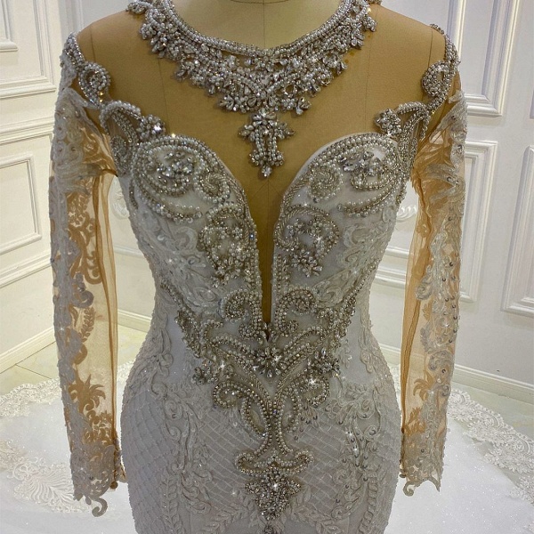 Vintage Bateau Long Sleeve Appliques Lace Beading Pearl Sequins Mermaid Wedding Dress_3