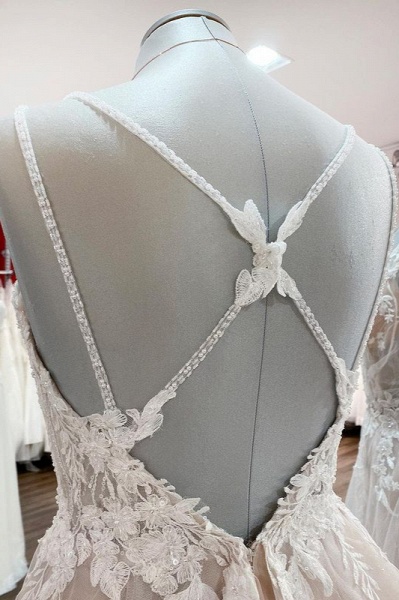 Elegantes langes A-Linie V-Ausschnitt ärmelloses Rüschen rückenfreies Hochzeitskleid_6