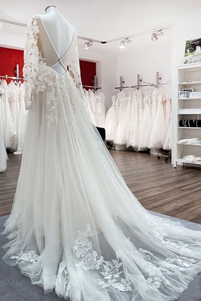 Ivory A-line Tulle Long Sleeves Lace Appliques Open Back Wedding Dresses_4