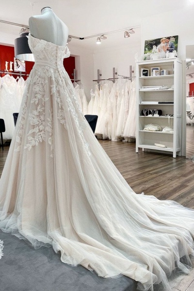 Gorgeous Long A-line Off-the-shoulder Tulle Lace Appliques Wedding Dress_3