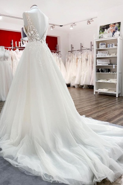 Elegant Long A-line V Neck Tulle Lace Open Back Wedding Dress MT019_3